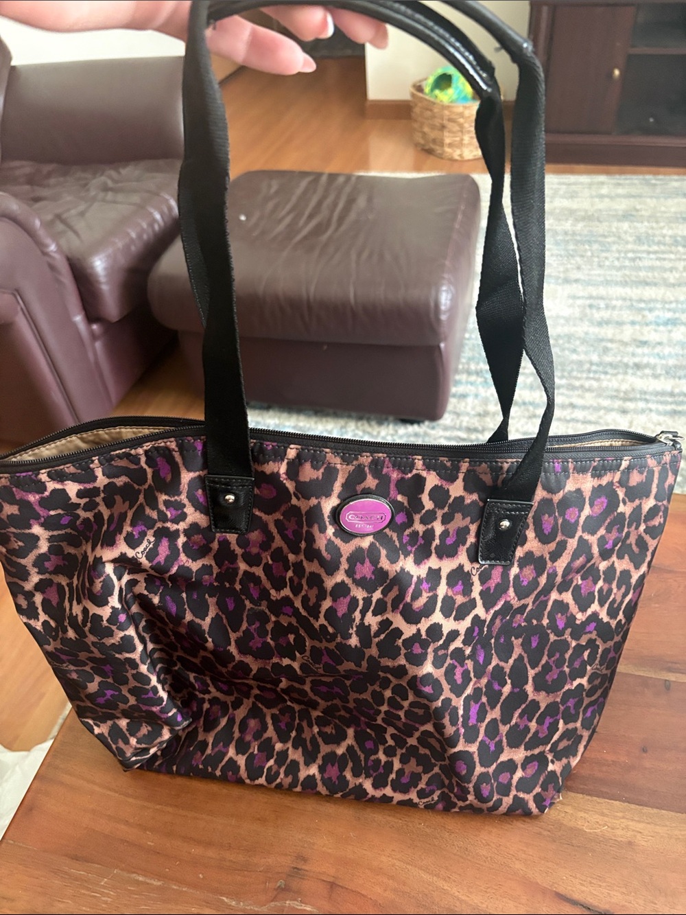 Coach Leopard-Print nylon weekended Tote in Brown and Purple with Black Straps